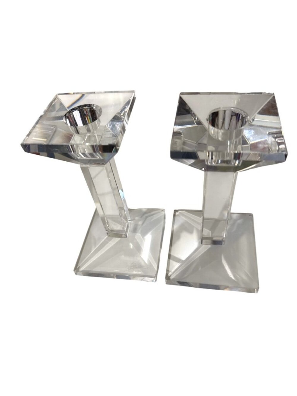 Oleg Cassini Crystal Candle Holders Pair 6" Tall Faceted Design Signed